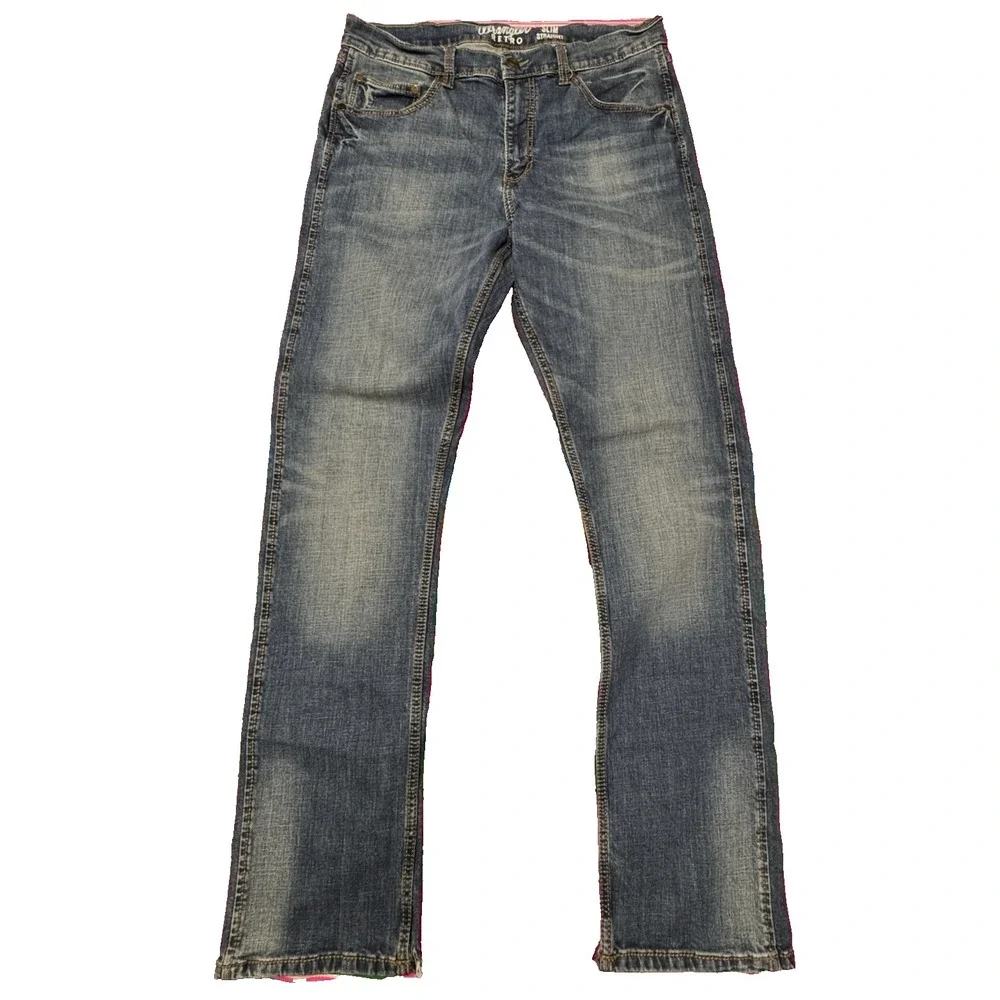Wrangler Retro Slim Straight Jeans Men's 35x36 (Fits 34x34) Blue Western Faded